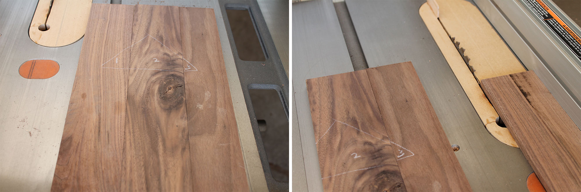 Left: Orient the pieces. Right: Flip the board to rip the right edge.