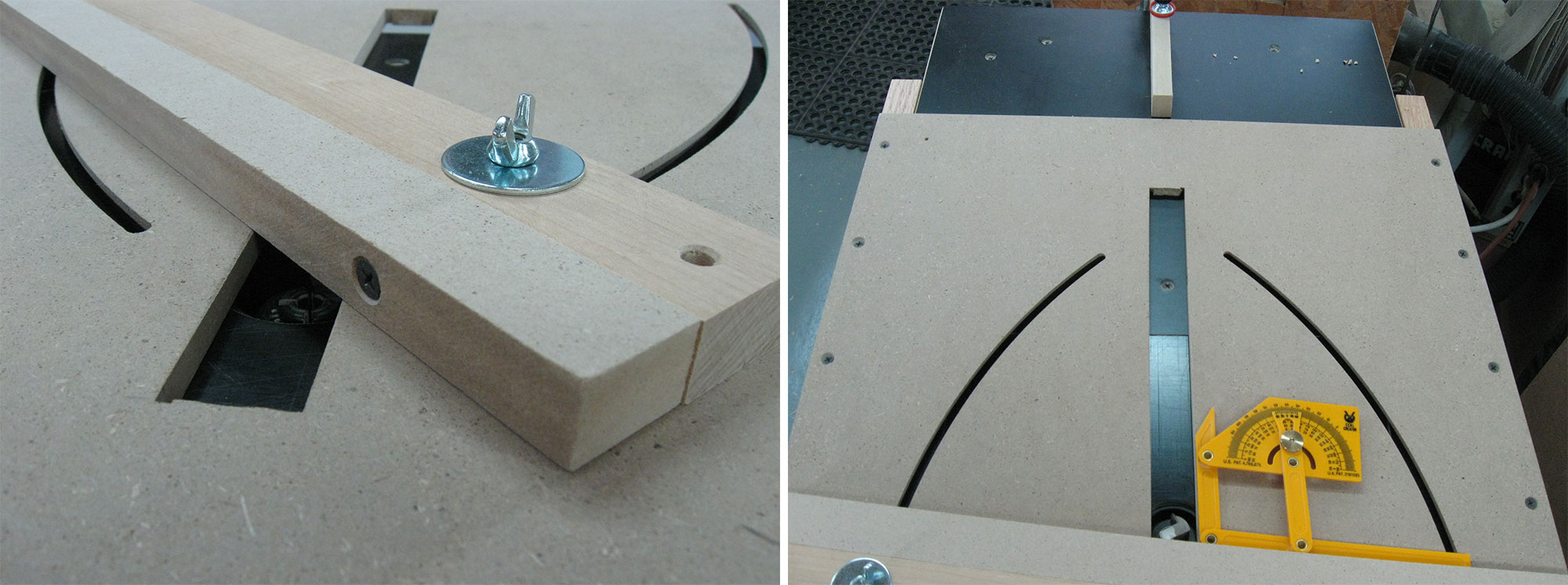 Left: Adding a sacrificial pad. Right: Setting the angle using a protractor.