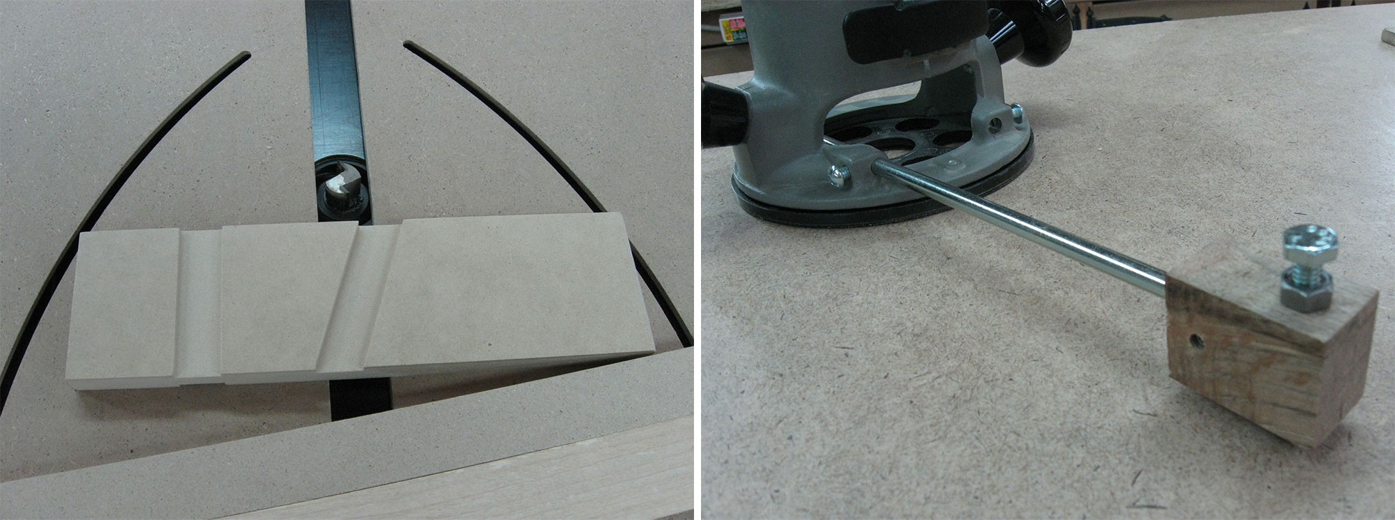 Left: A sample of square and angled cuts. Right: Simple hardwood pivots for cutting arced slots.