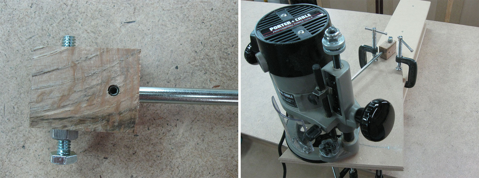 Left: Bolt threaded into block and locked in place with a nut. Right: Simple guide used to mill arced slot.