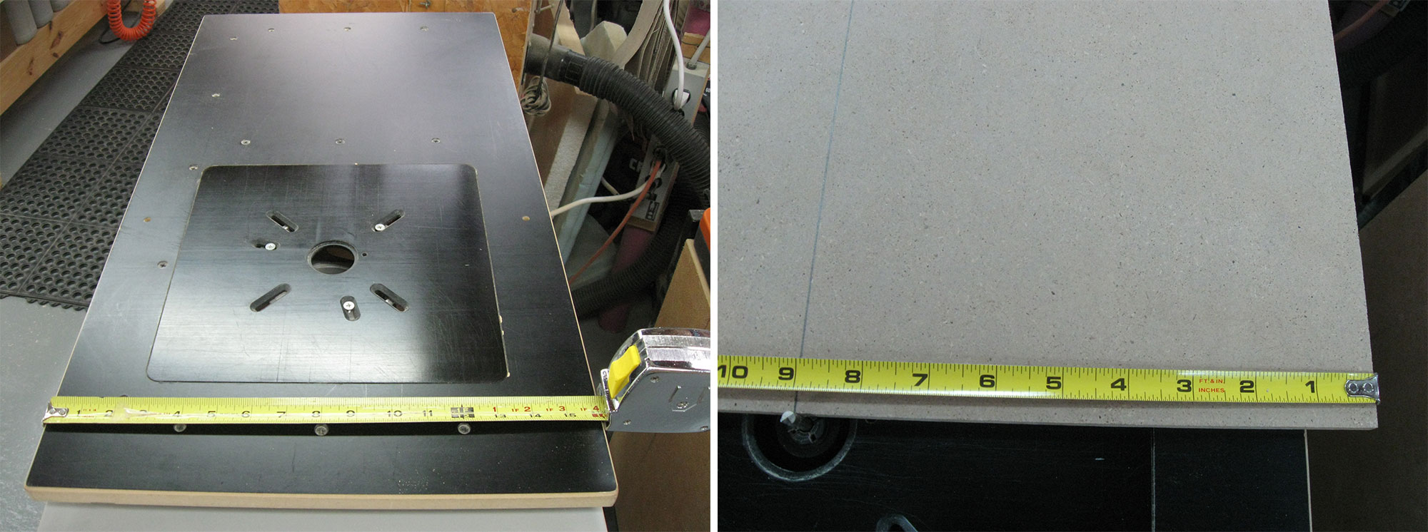 Left: Measuring the width of the router table top. Right: Measuring and cutting a sheet of MDF.