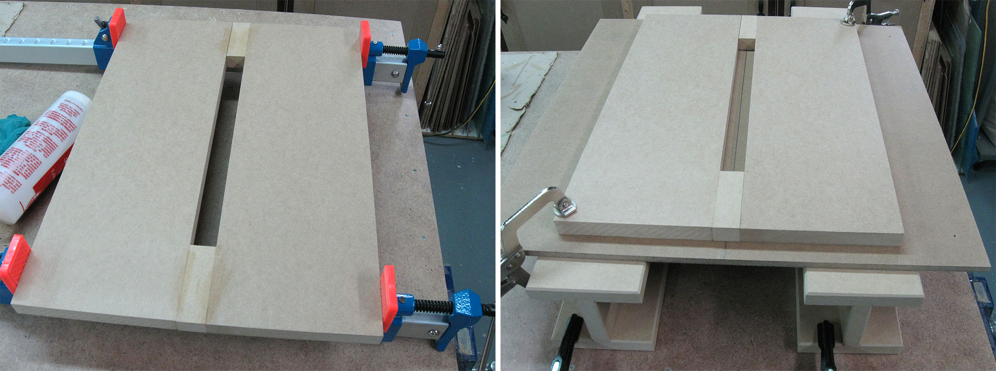 Left: Assembling the parts for the template. Right: The template clamped in place and ready to route.