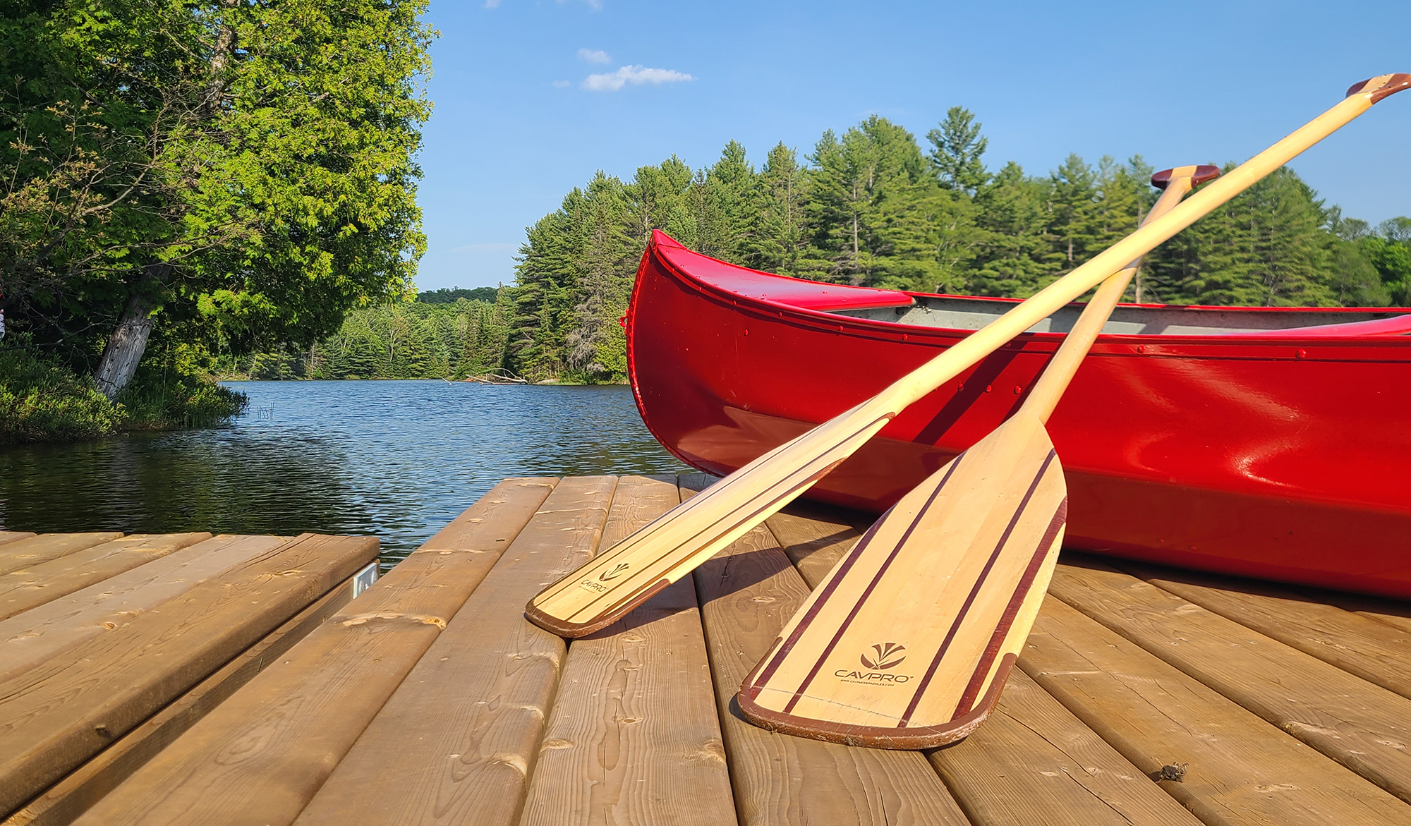 Two paddles leaning against red canoe perched on dock.