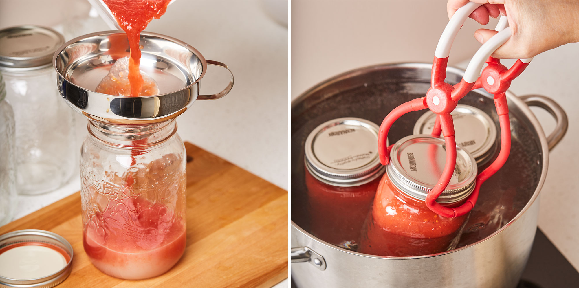 Image left: Using a funnel to pour tomato paste into a jar with lemon juice. Image right: Using a lifter to remove hot jars from a pot of water.