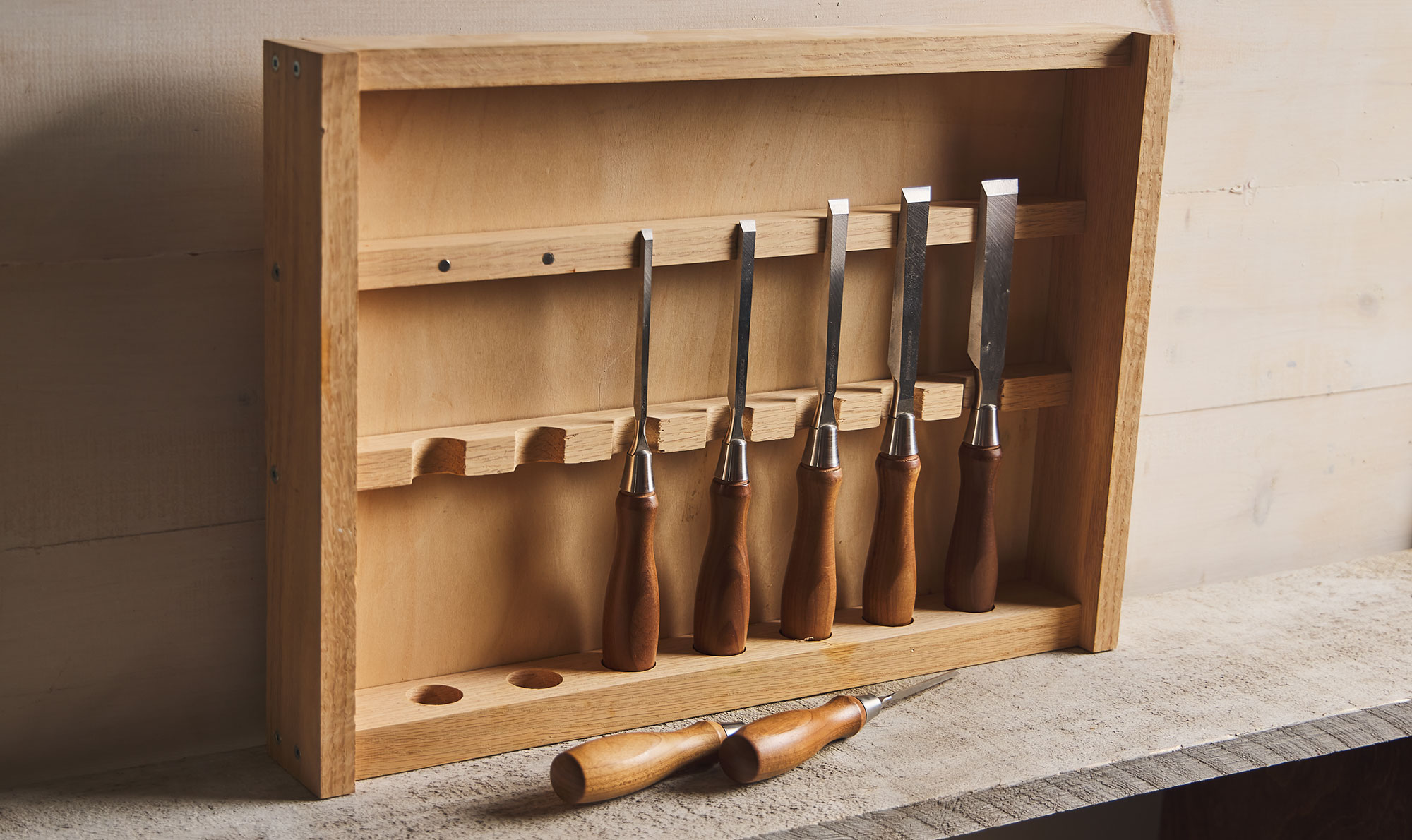Bench chisels in a storage rack