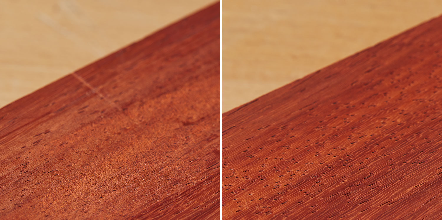 Image left: Wood surface with tear-out. Image right: Smooth wood surface without tear-out.