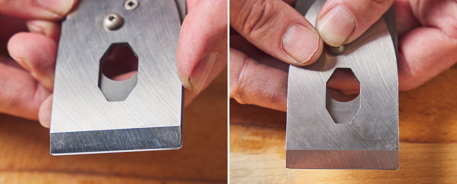 Image left: Chip breaker set for a coarse cut. Image right: Chip breaker set for a fine cut.