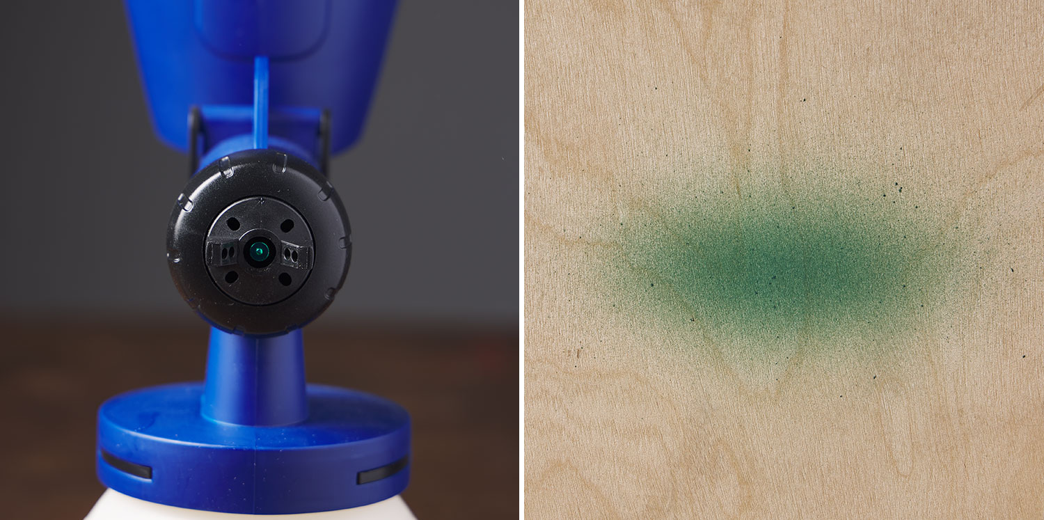 Image left: Air cap ring in the vertical position. Image right: Horizontal spray pattern.