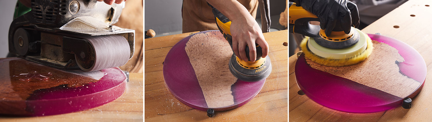 Image left: Coarse sanding an epoxy project using a belt sander. Image middle: Intermediate sanding of an epoxy project using a Mirka DEROS sander. Image right: Polishing an epoxy project using a Mirka DEROS sander and buffing pad.