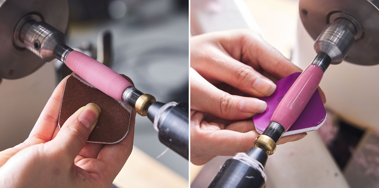 Image left: Coarse sanding an epoxy pen on a lathe. Image right: Polishing an epoxy pen on a lathe.