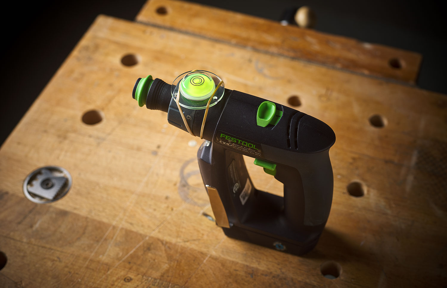 Bullseye level attached to a Festool drill to indicate level