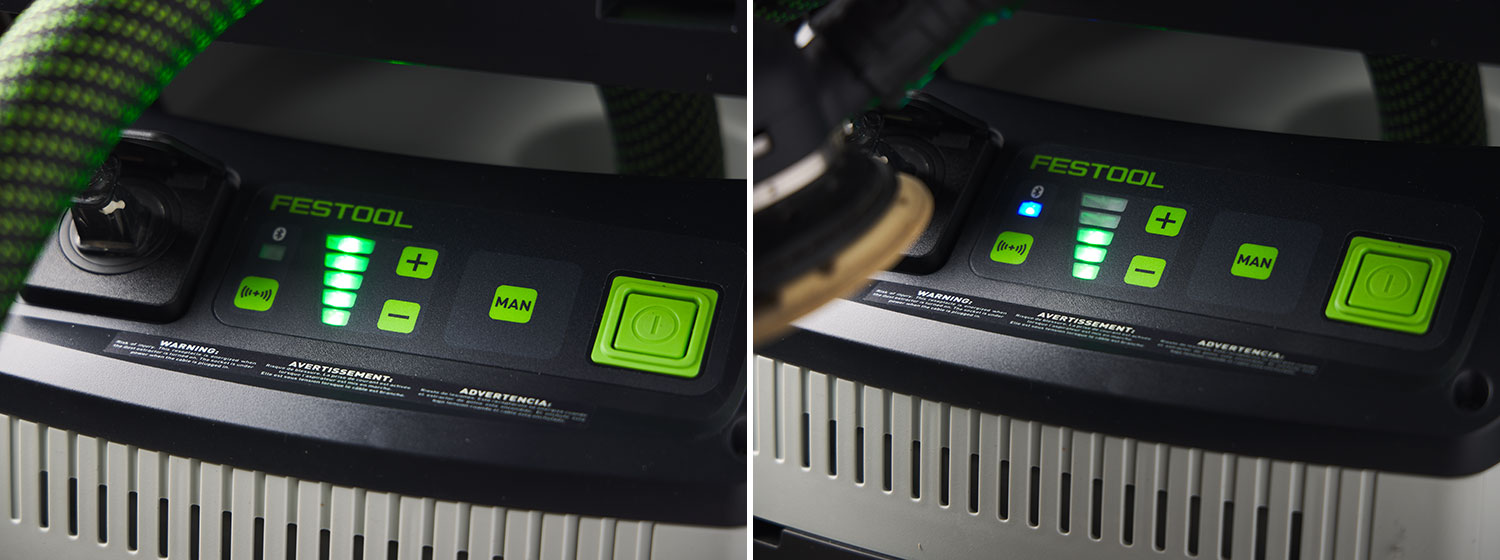 Image left: Festool CT Midi set to medium power. Image right: Festool CT Midi set to high power.