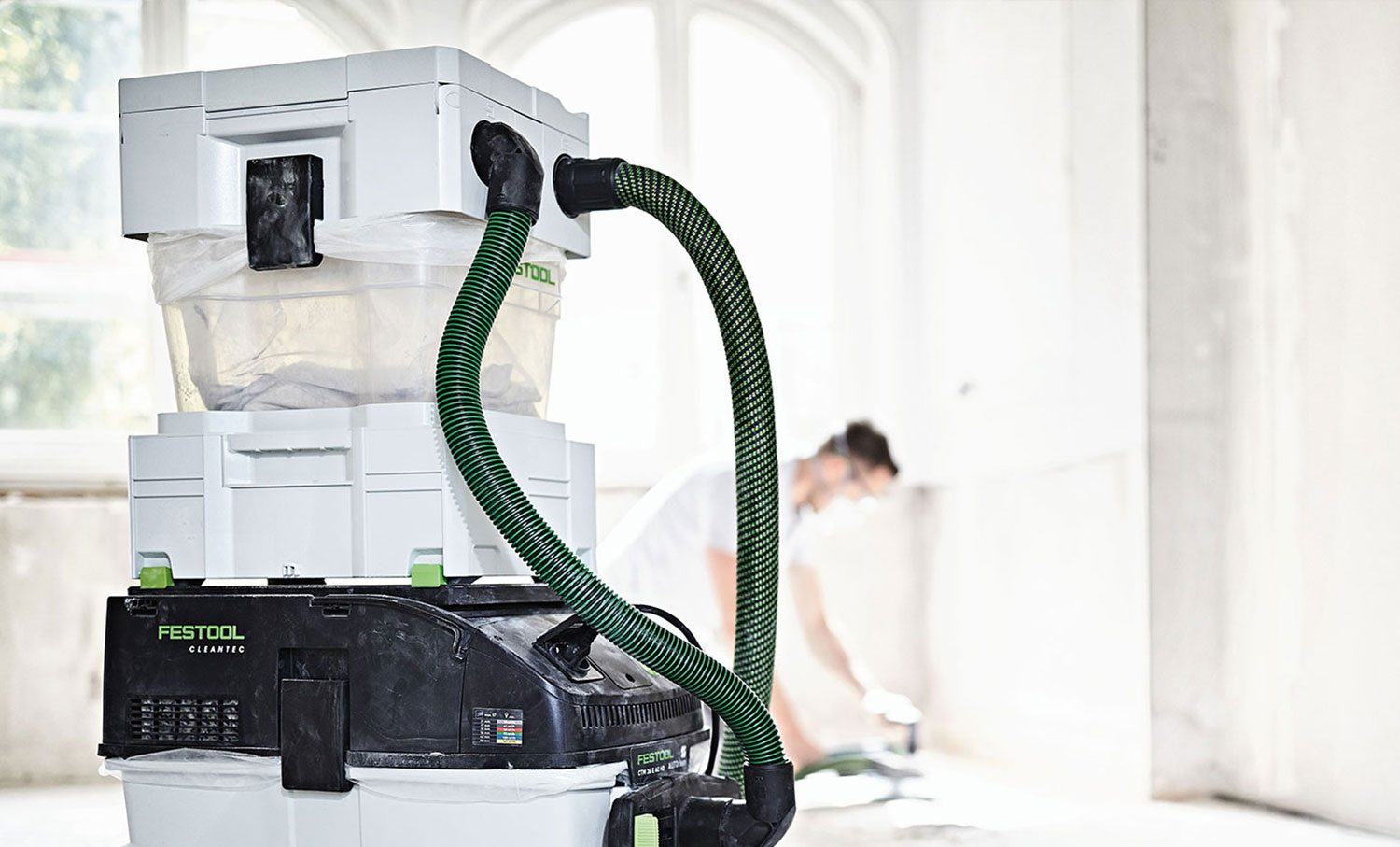 A Festool cyclone separator connected to an extractor.
