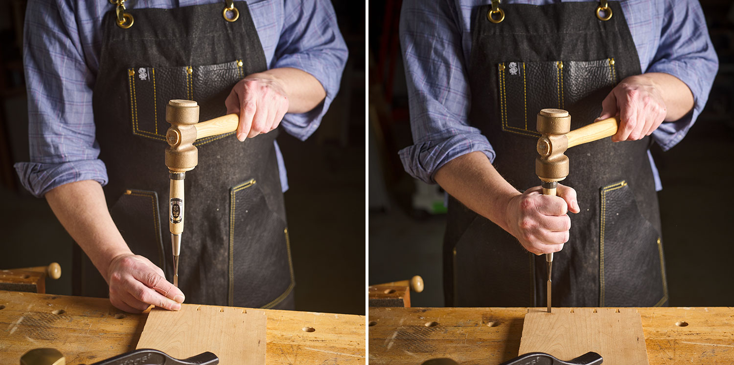 Image left: Chopping with a Japanese chisel, holding the blade. Image right: Chopping with a Japanese chisel, holding the handle.
