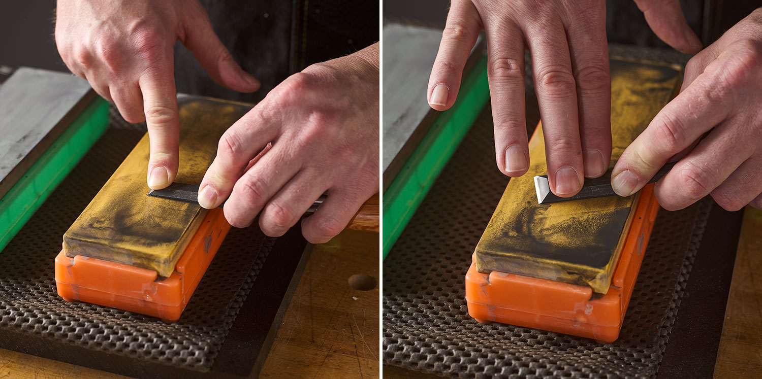 Image left: Polishing the back of the chisel on a medium grit water stone. Image right: Dulling the sharp corners on the back of the chisel using a medium grit water stone.
