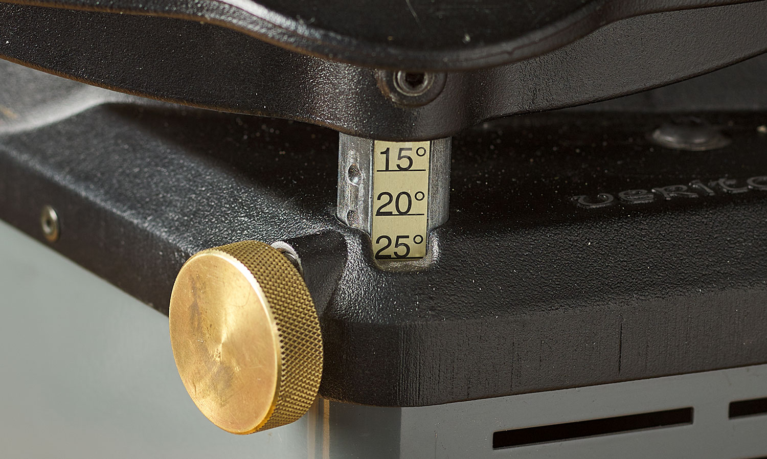 A close-up view of the graduated tool rest post of the Veritas Mk.II power sharpening system.