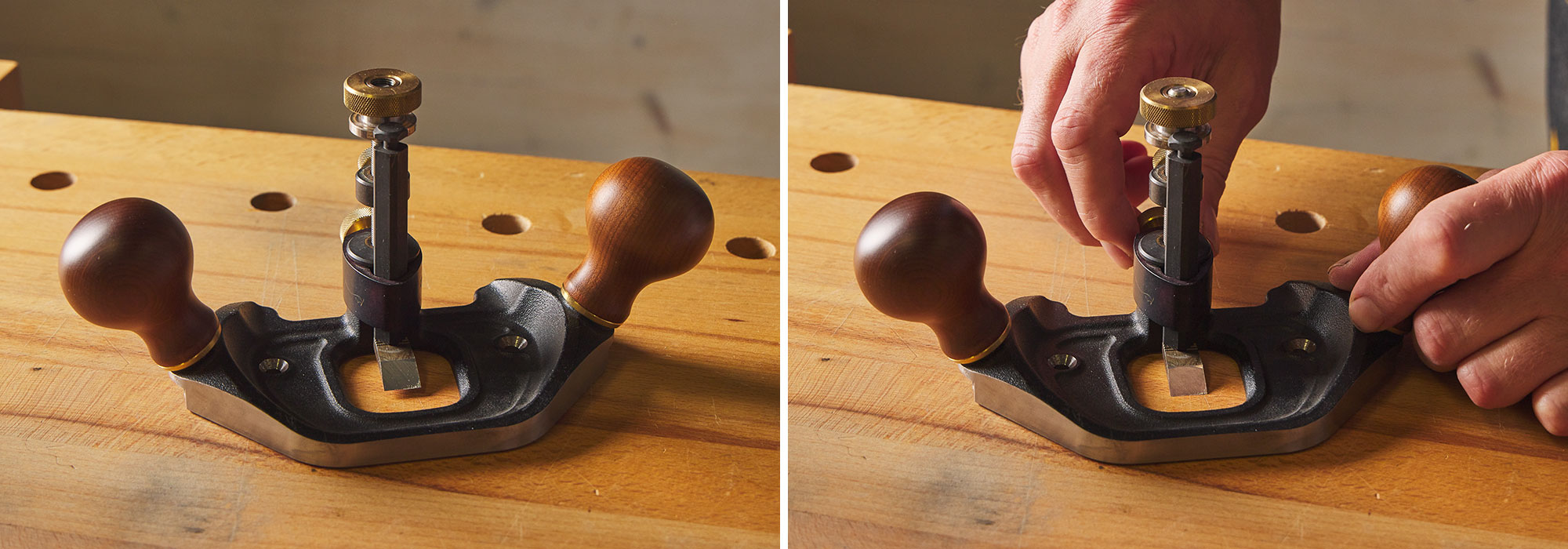 Image left: Router plane with blade above the reference surface. Image right: Router plane with set flush with the sole.