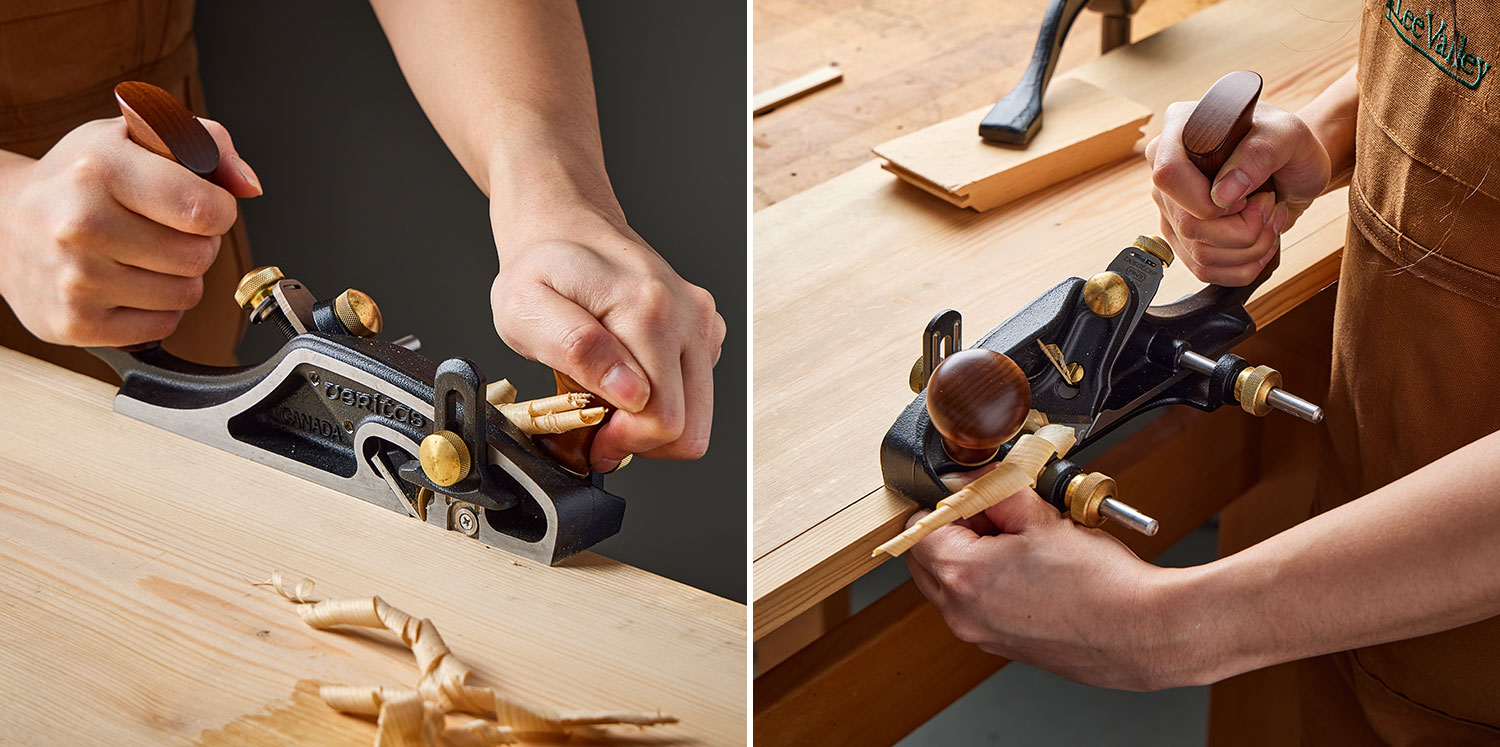 Image left: A user grips a skew rabbet plane with both hands, bearing down on the front knob to push the plane. Image right: Driving a skew rabbet plane with two hands, with the front hand pressing the body snug to the work.