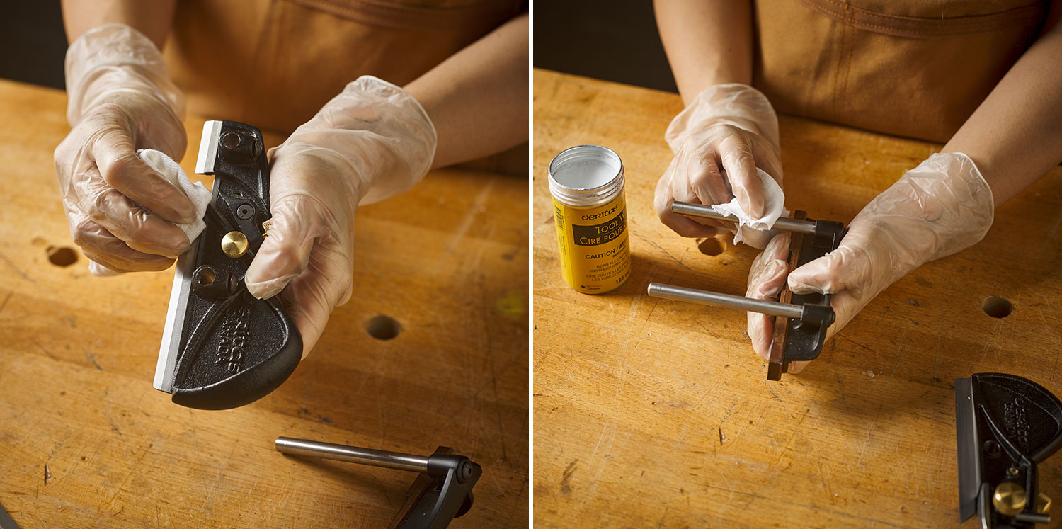 Image left: Cleaning the skate of a Veritas box-maker’s plow plane by using a cloth to apply degreaser. Image right: Applying a light coating of tool wax to the fence guide rods of a Veritas box-maker’s plow plane.