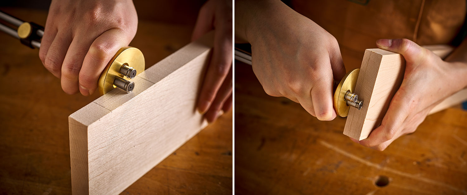 Image left: Using a Veritas dual marking gauge to scribe cut lines for a mortise. Image right: Using a Veritas dual marking gauge to scribe cut lines for a tenon.