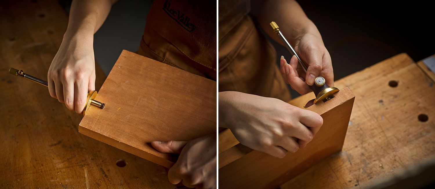 Image left: A woodworker uses a Veritas wheel marking gauge to scribe a cut line near the end of a board. Image right: Using a Veritas wheel marking gauge to check the depth of a groove cut near the end of a board.