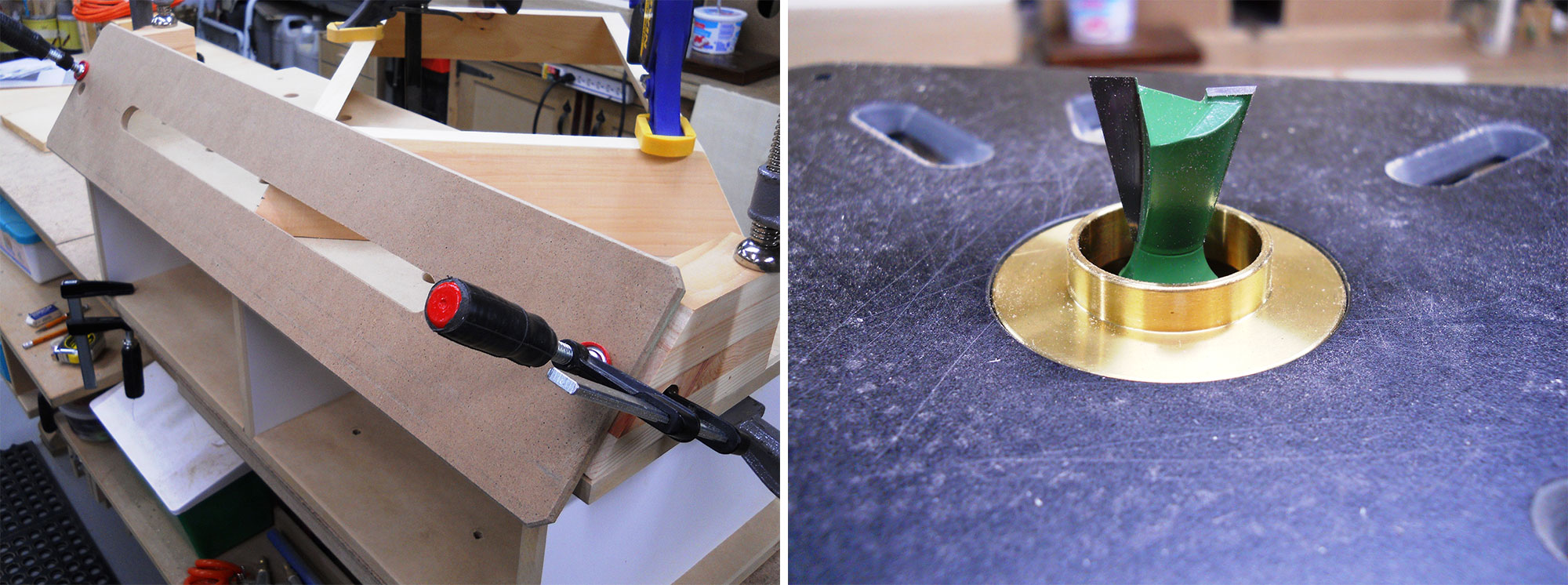 Image 1: Clamping router jig to work surface. Image 2: Dovetail bit and template guide installed in router.