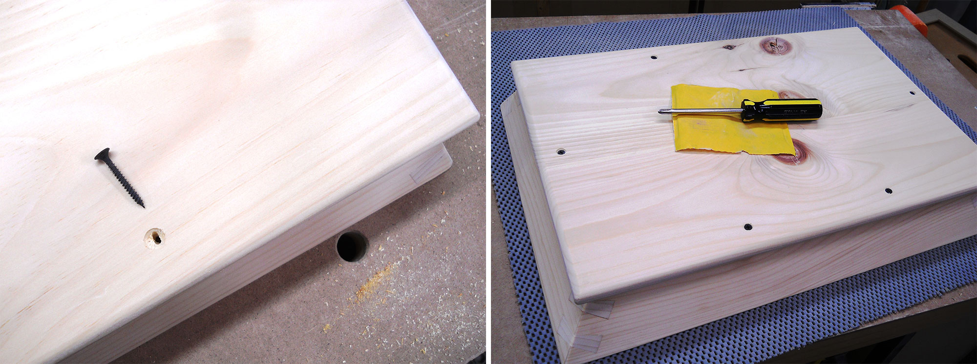 Image 1: Drilling elongated holes to allow for wood movement. Image 2: Installing screws.