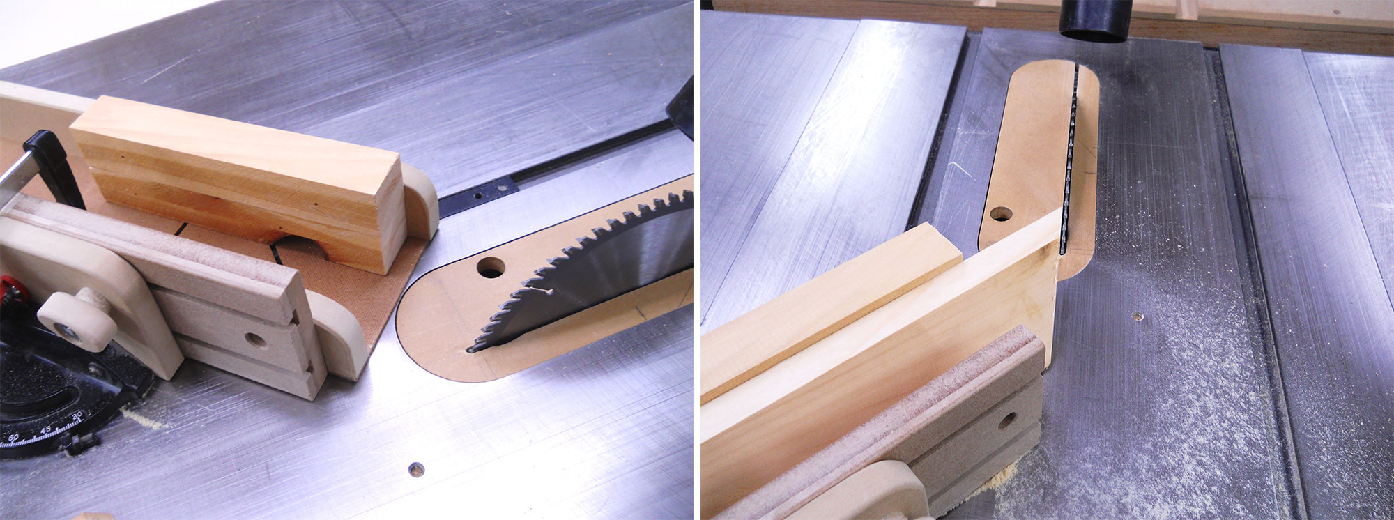 Image 1: Cutting compound miters on table saw. Image 2: Cutting compound miters on table saw.