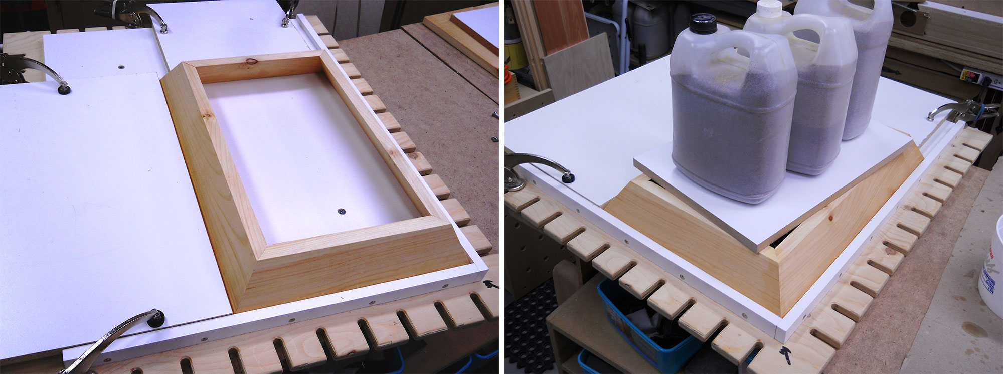 Image 1: Glue up in assembly jig. Image 2: Applying weight to secure glue-up in place.