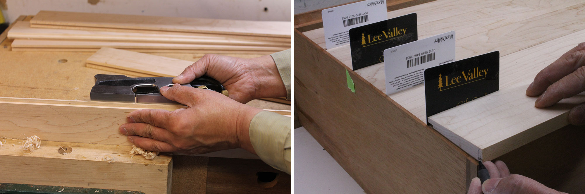 Image left: Using shoulder plant to fix  tight spots. Image right: Boards spaced apart to mark ends for trimming.