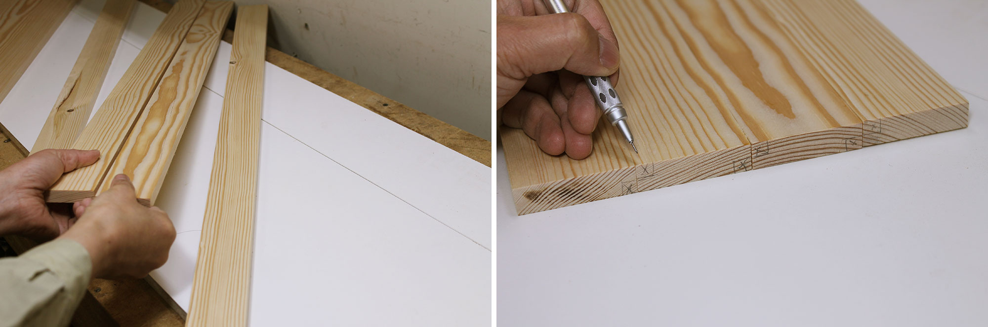 Image left: Arranging slats for grain match. Image right: Marking waste.