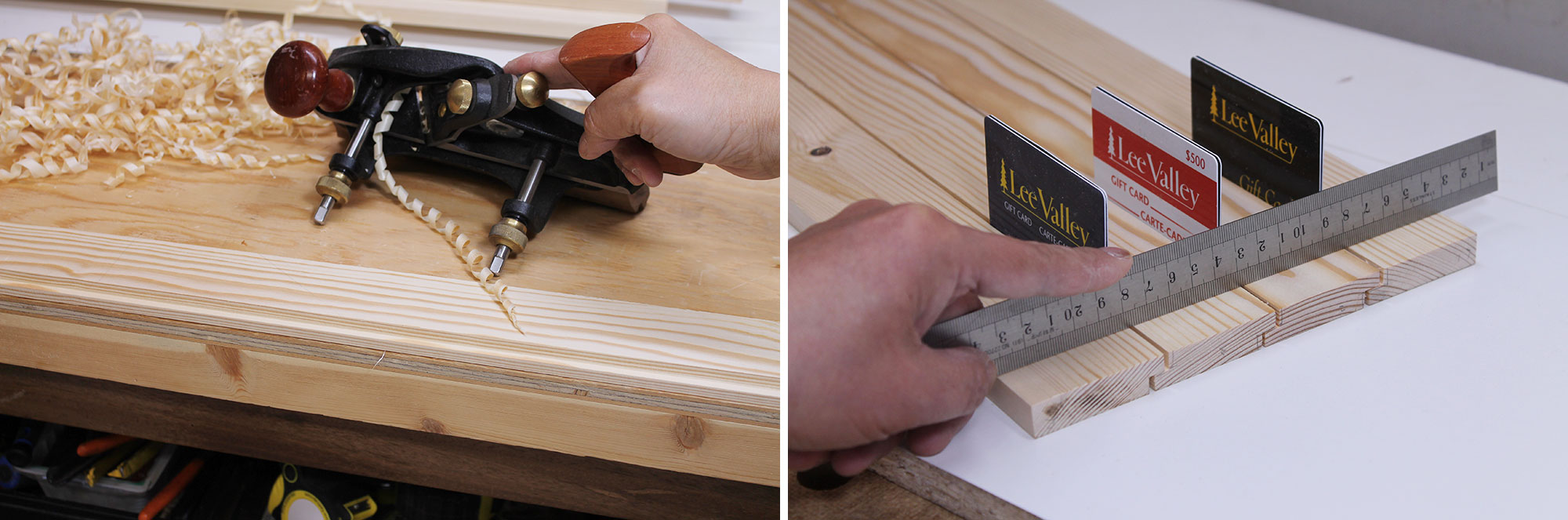 Image left: Rabbet plane on boards. Image right: Using ruler to demonstrate  precision of hand-cut rabbets.
