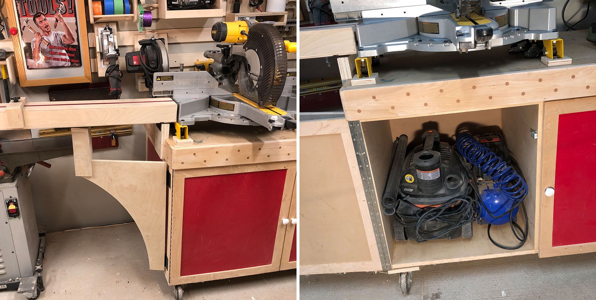 Image 1: Miter saw on bench with hinged extension arm. Image 2: Shop vacuum in cabinet under bench.