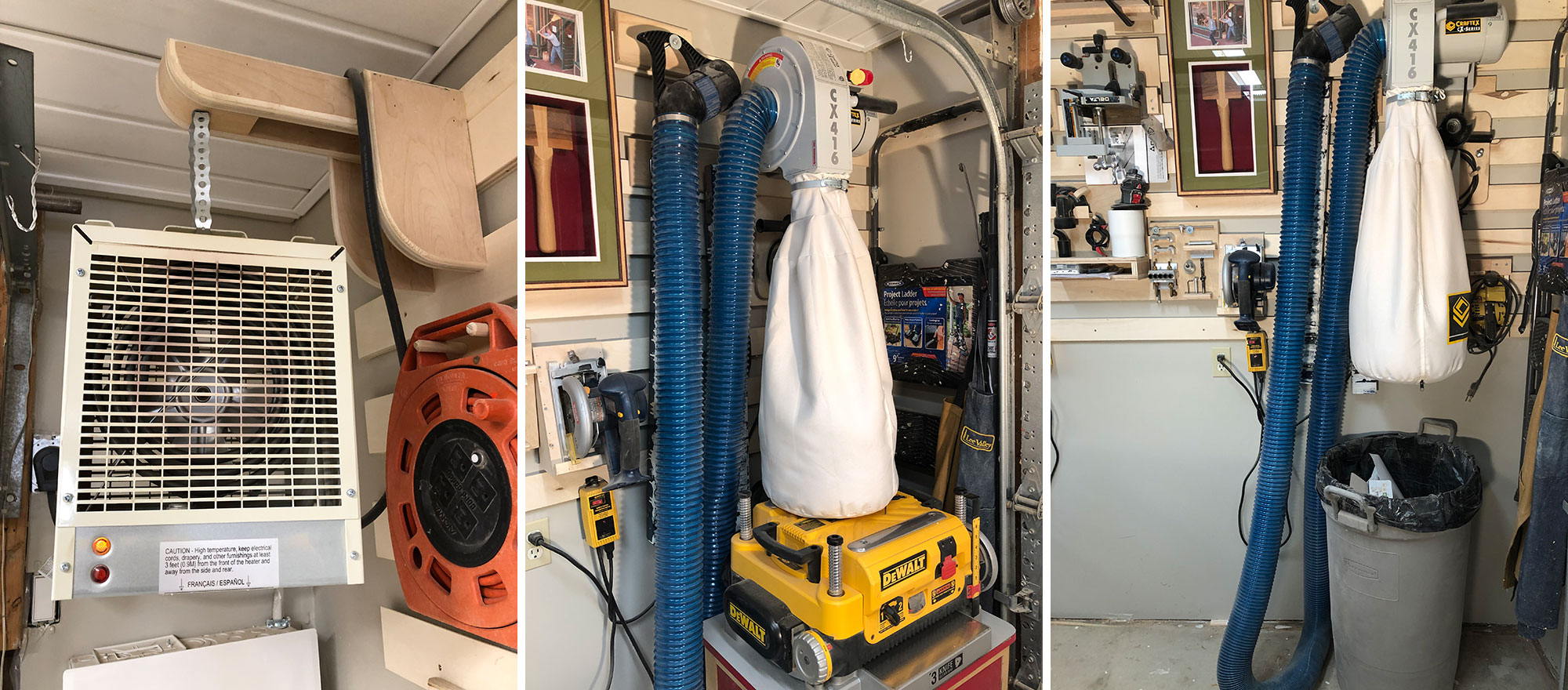 Image 1: Shop heater on cleat-mounted hook. Image 2: Wall-mounted dust collector. Image 3: Dust collector with trash can beneath.