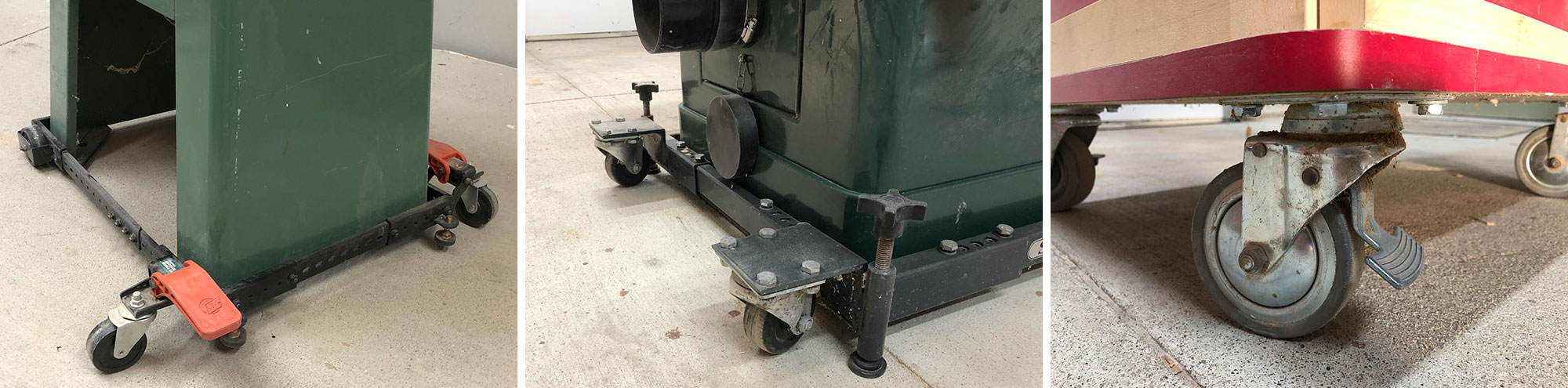 Image 1 & 2: Mobile machine base in-use. Image 3: Caster with brake.