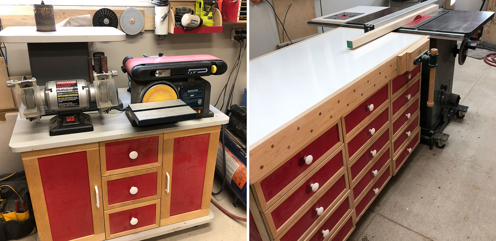 Image 1: Grinder and sanding station. Image 2: Workbench with storage drawers beside table saw.