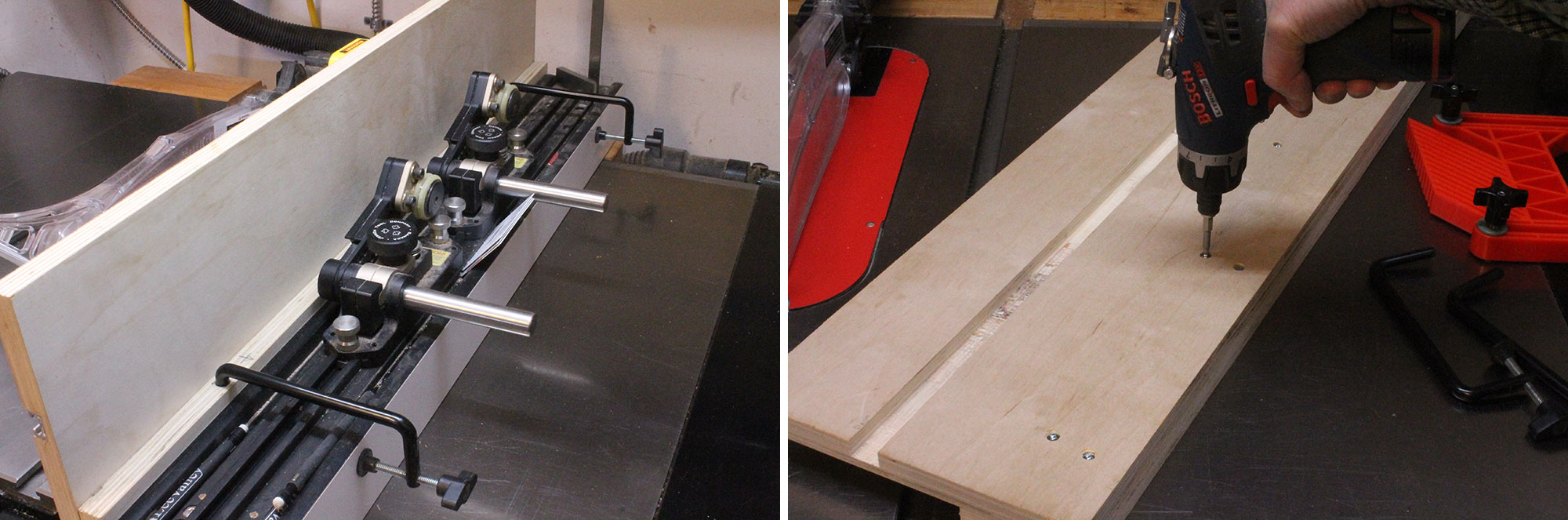 Image left: Fence clamp on table saw. Image right: Drilling into plywood.