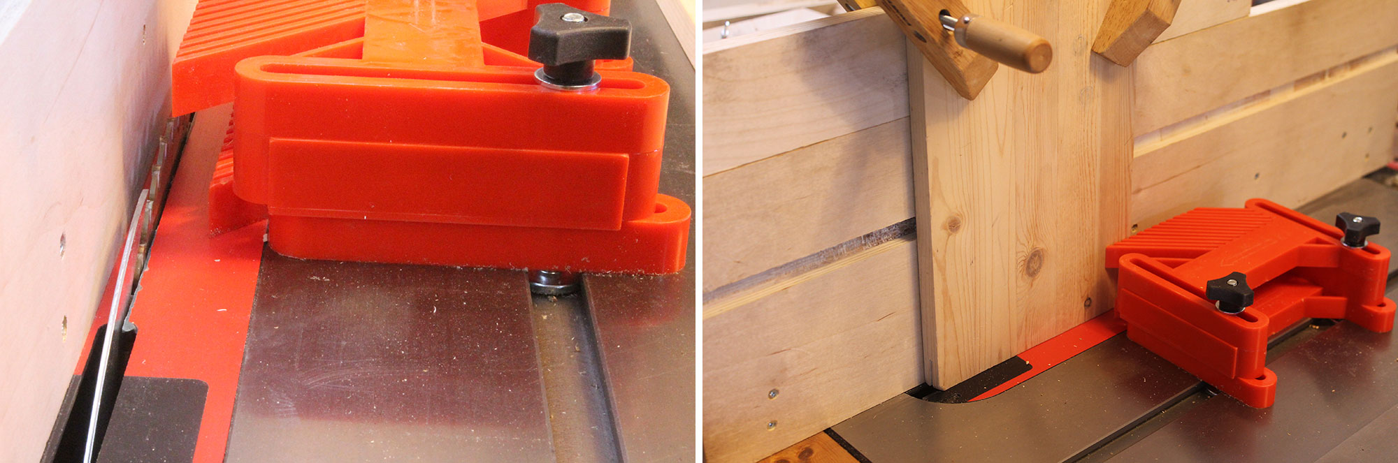 Image left: Featherboard on table saw. Image right: Featherboard and project on table saw.