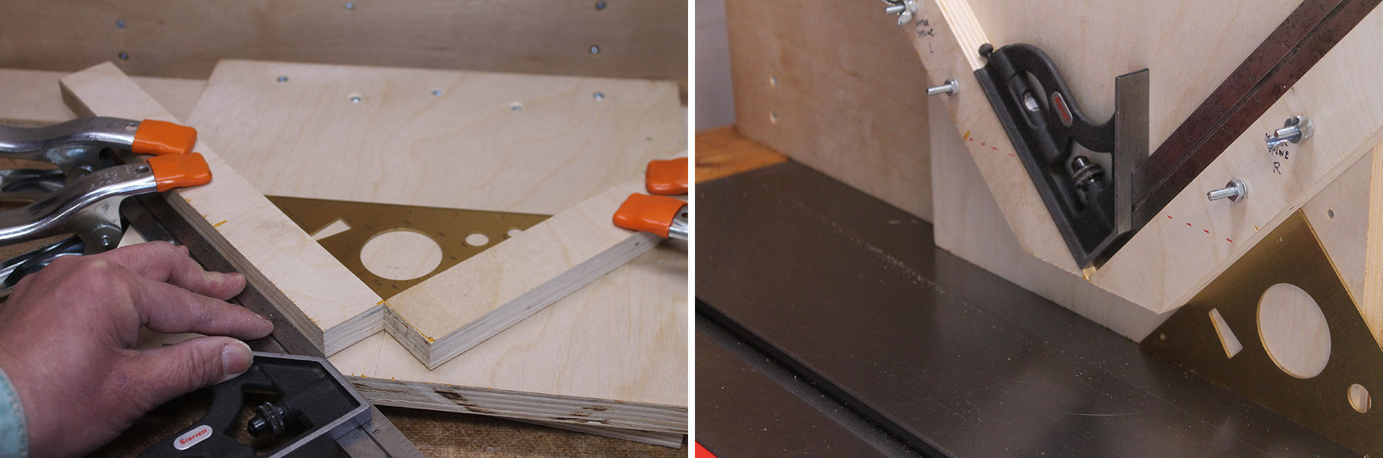 Image left: V-cradle clamped on carrier board. Image right: V-cradle on table saw with square.