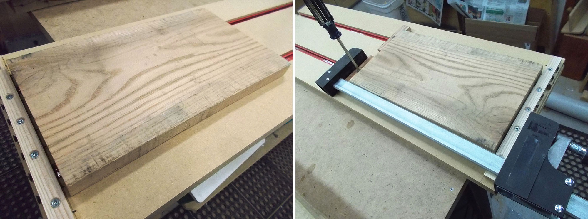 Image left: Blank on top of the bed. Image right: Blank on bed with screwdriver.
