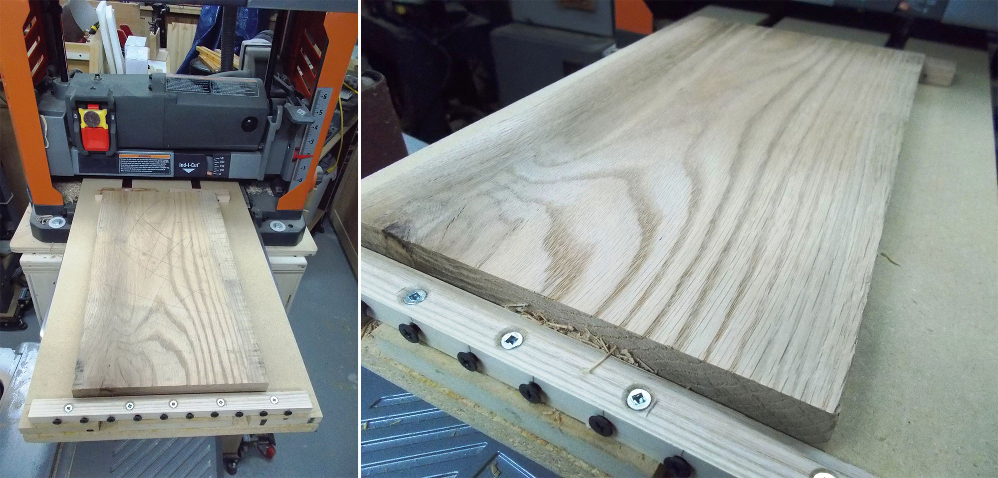 Image left: Blank on bed with thickness planer. Image right: Planed blank on bed.