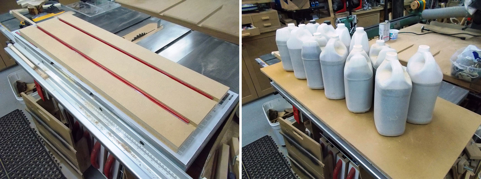 Image left: Man-made board on table saw. Image right: Twelve one-gallon jugs of sand on man-made board.