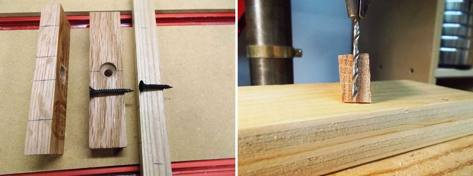 Image left: Three hardwood blocks with screws through two of them. Image right: Drill with hardwood block on top of man-made board.