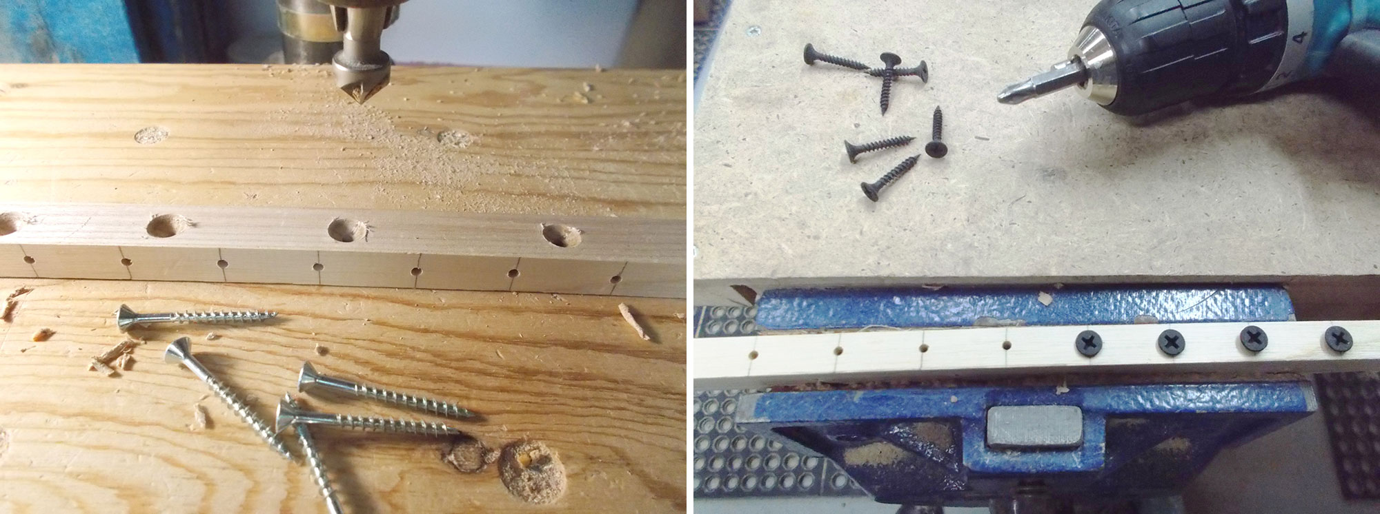 Image left: Countersink through-holes and five screws. Image right: Electric drill, six screws and pre-drilled hardwood in bench vise.
