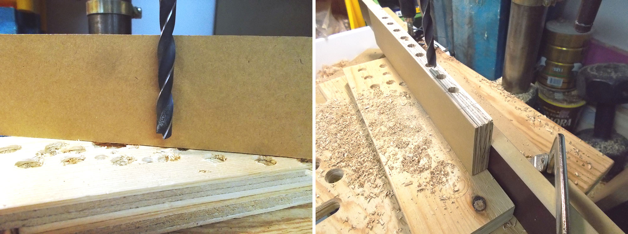 Image left: Drill stopped holes on wider rails. Image right: Using an L-shaped fence.