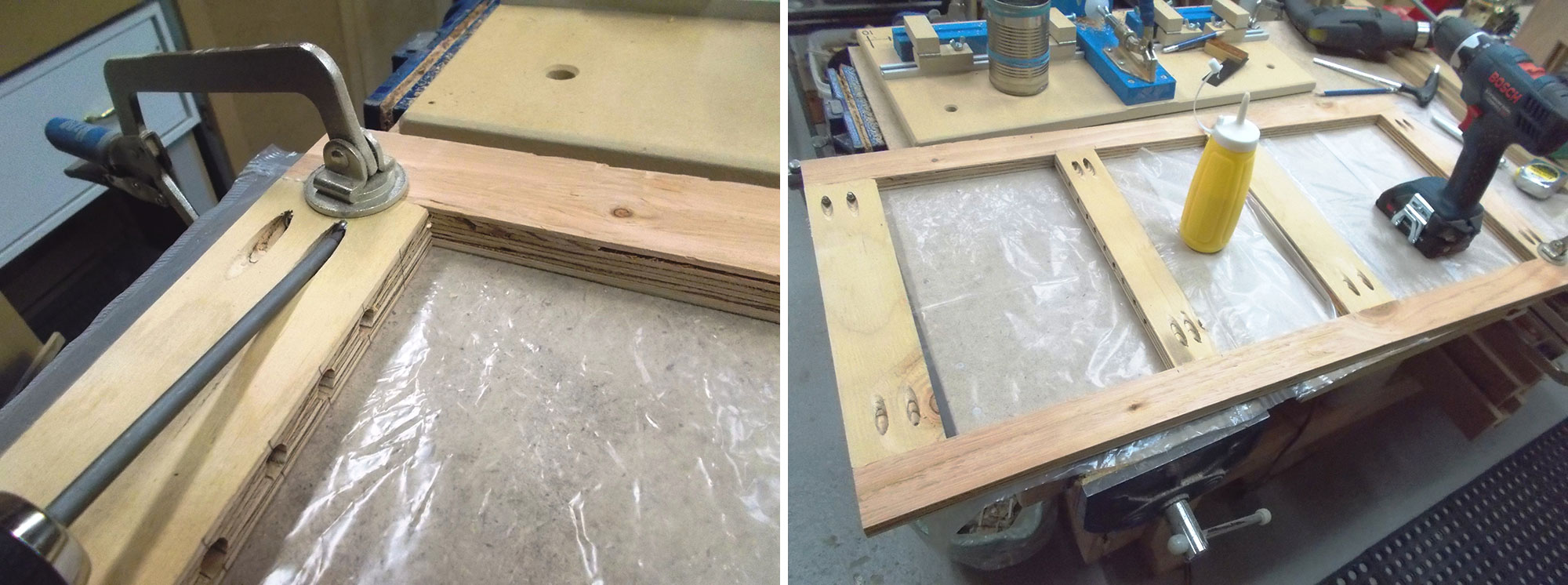 Image left: Using a clamp to even out the joints. Image right: Cereal box plastic bags protect work surfaces.