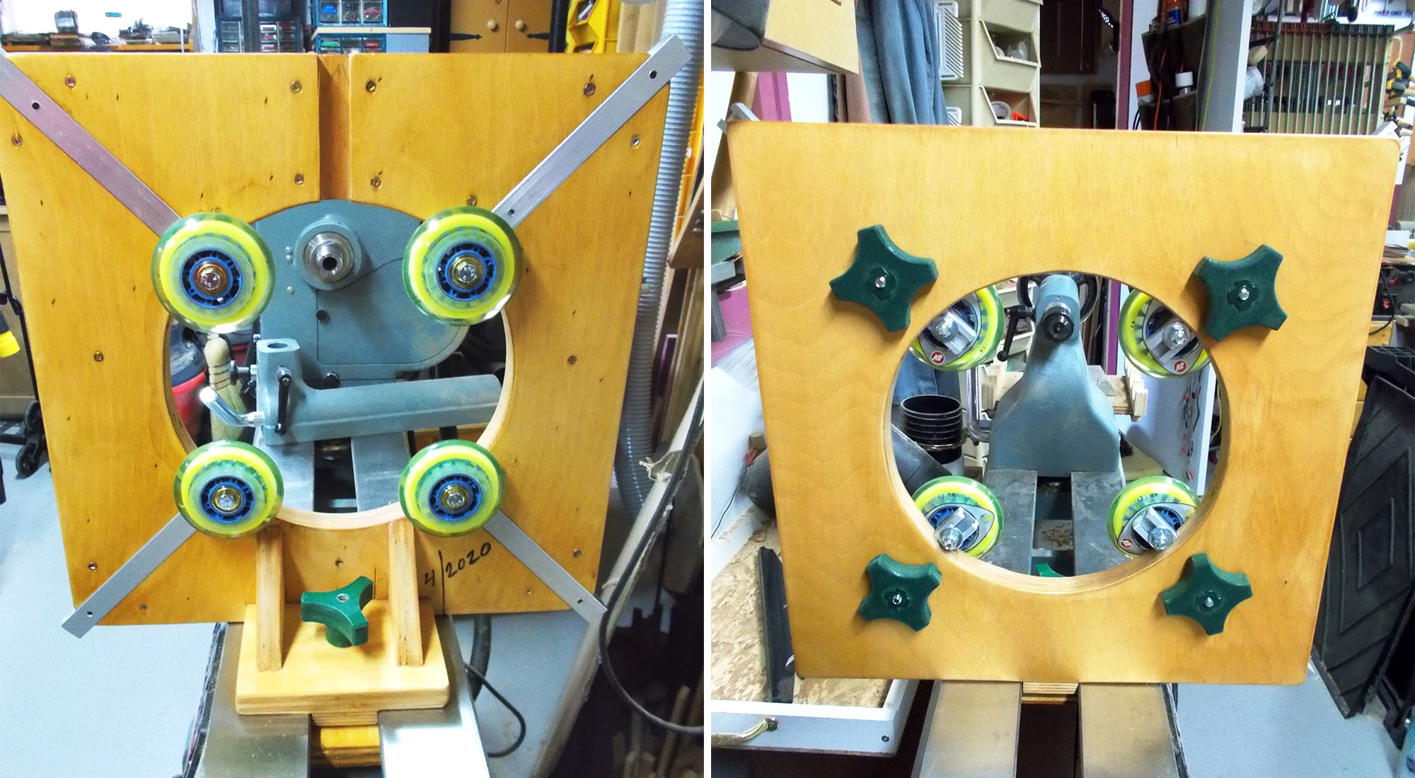 Left: The completed steady rest – front and back. Right: Completed steady rest – back.