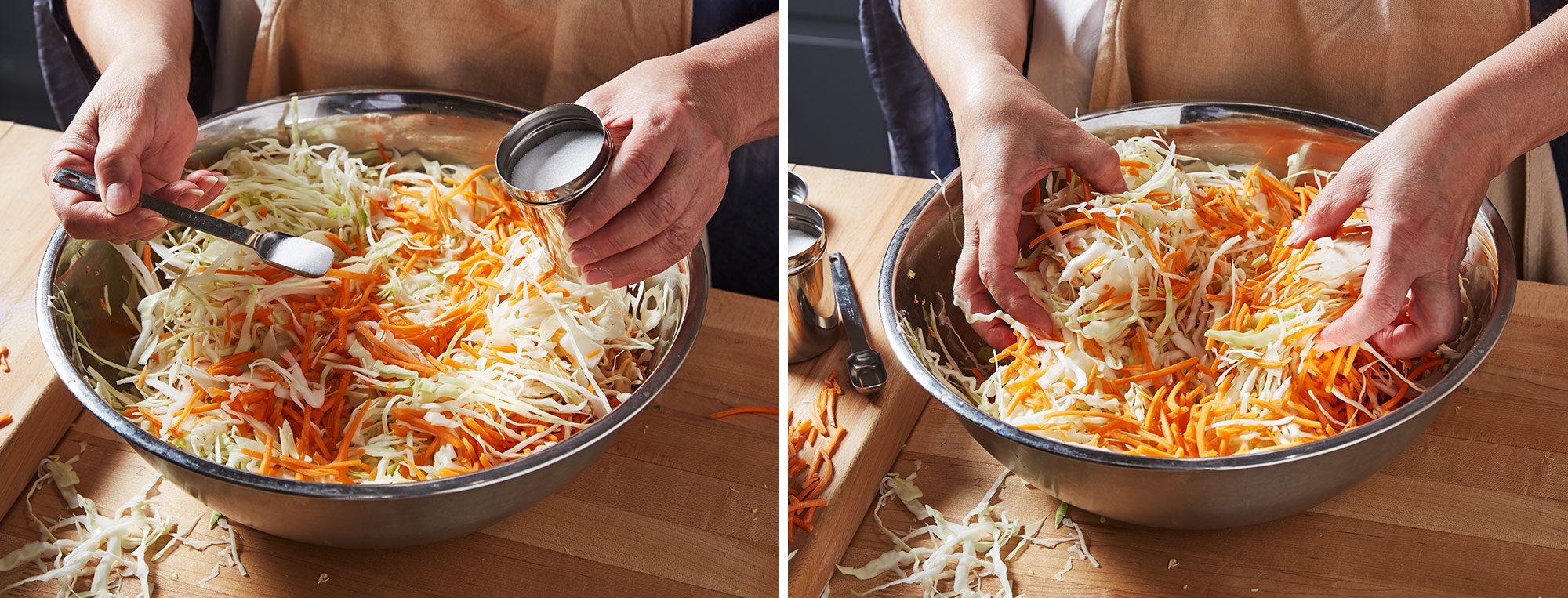 Image left: Adding salt to the sauerkraut ingredients in a bowl. Image right: Hand mixing sauerkraut ingredients in a bowl.