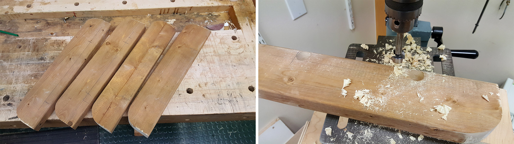 Left: Feet after radius had been cut. Right: Drilling two 1” holes.