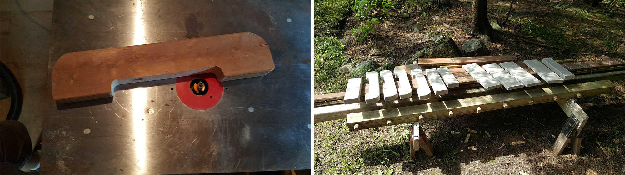 Left: Giving the cut edges a 1/4" radius. Right: Staining all the parts.